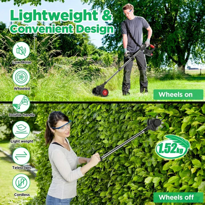 TNTANTS Electric Weed Wacker, Cordless String Trimmer with Wheels, 1Pcs 24V Batteries, 3 Types of Blades, Adjustable Length, Weed Eater Grass Trimmer/Edger/Brush Cutter for Lawn Yard Garden